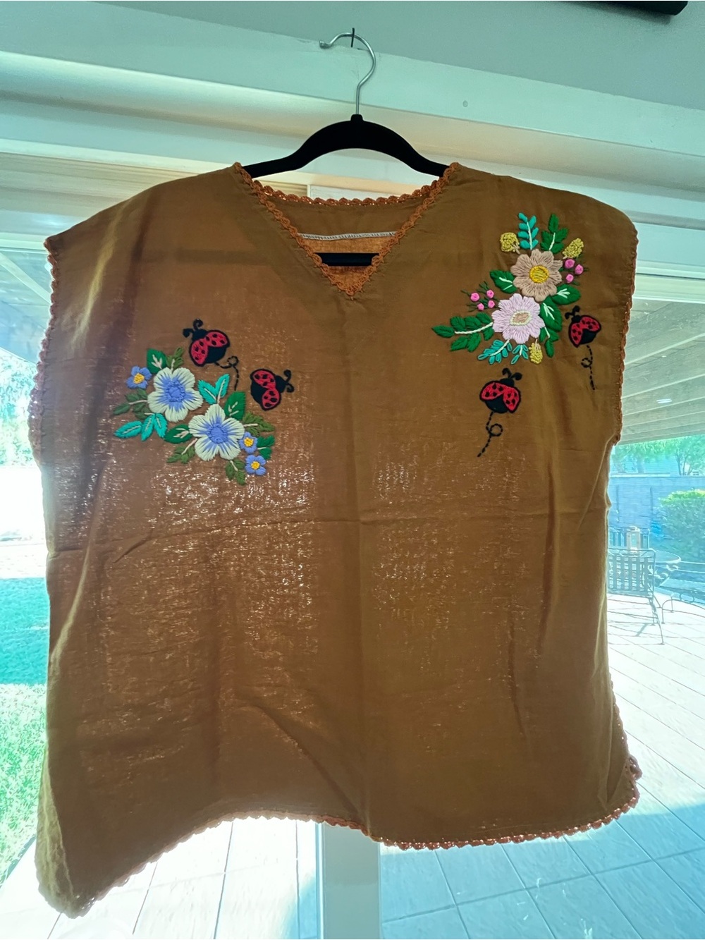 Embroidered Brown V-Neck Women's Top